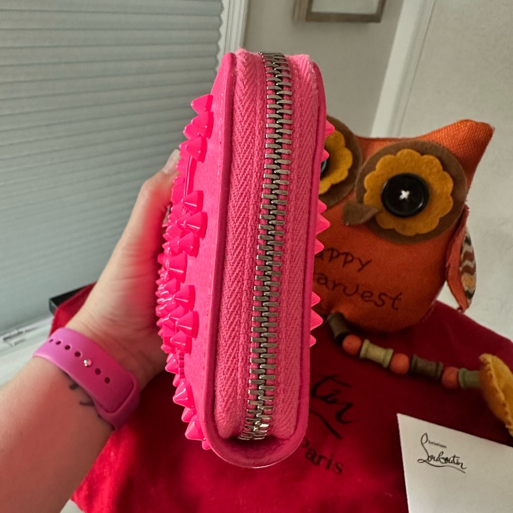 Christian Louboutin RARE COLOR Neon Pink Studded Wallet zip Card Holder - Picture 6 of 13